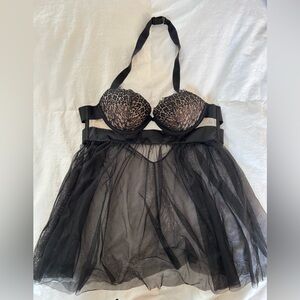 Victoria's Secret Sheer Black Lace Babydoll Lingerie with Nude Underlay